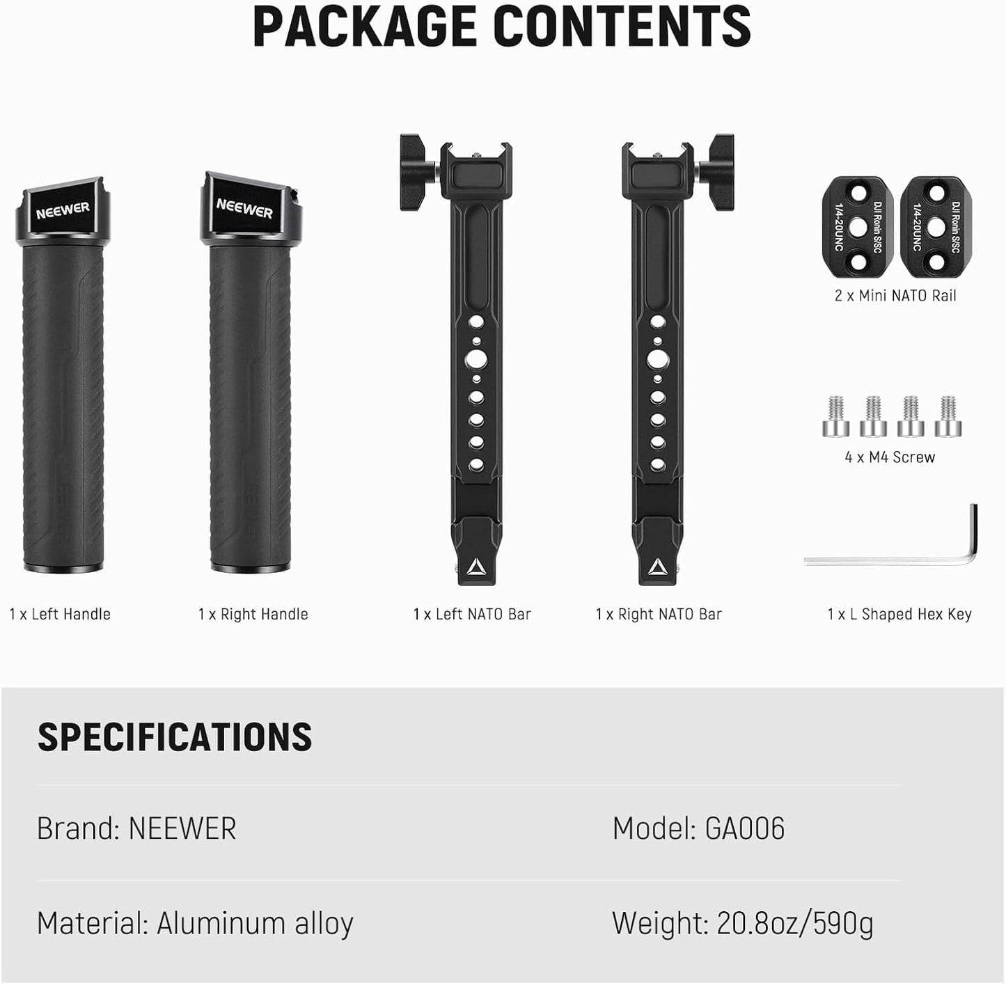 NEEWER Dual Handgrip Compatible with DJI RS4 RS4 Pro RS3 RS3 Pro RS2 RSC2 Ronin S SC Gimbal, Dual Handle Kit with 2 Mini NATO Rails, Quick Release NATO Clamps, 1/4" & 3/8" Threads, GA006